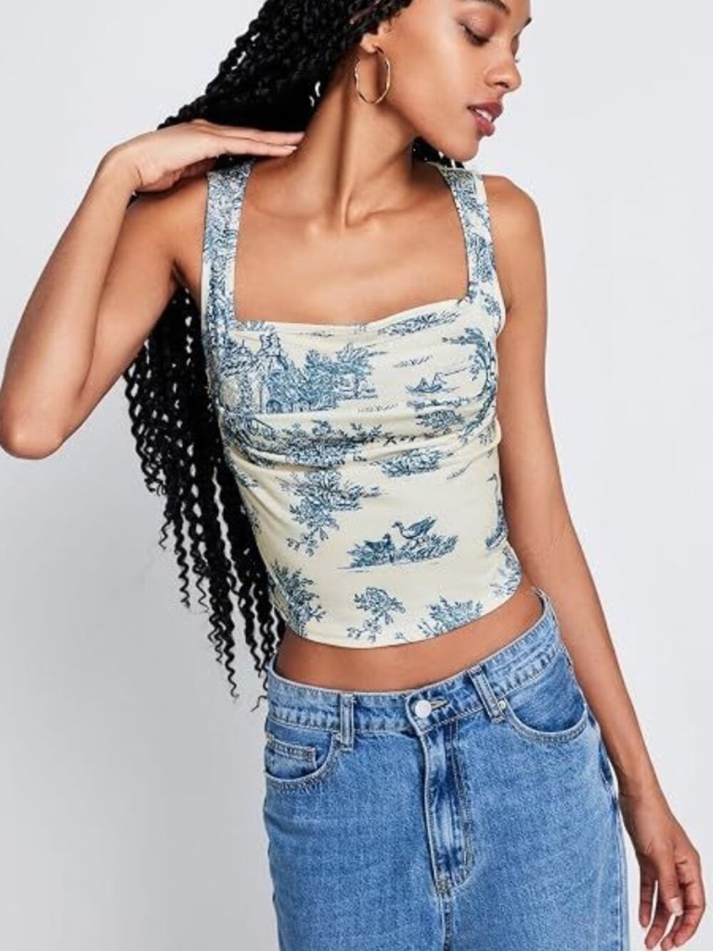 CIDER Blue Toile de Jouy Satin Ruched Crop Top M